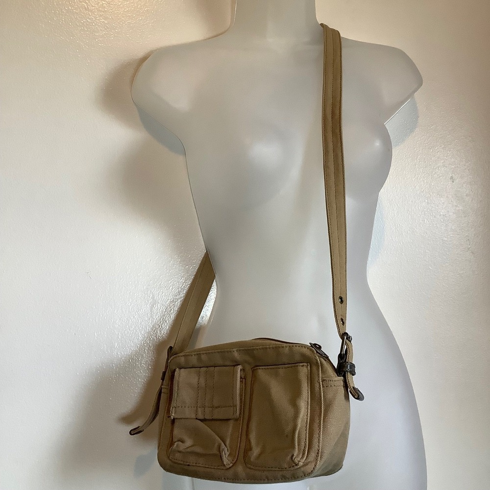 Fossil Khaki Canvas Crossbody Bag Utility Cargo Multi Pocket Camera Bag Tan